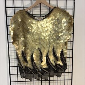 Vintage Oleg Cassini LG Black Gold 100% Silk Paillette Sequin Beaded Top Blouse